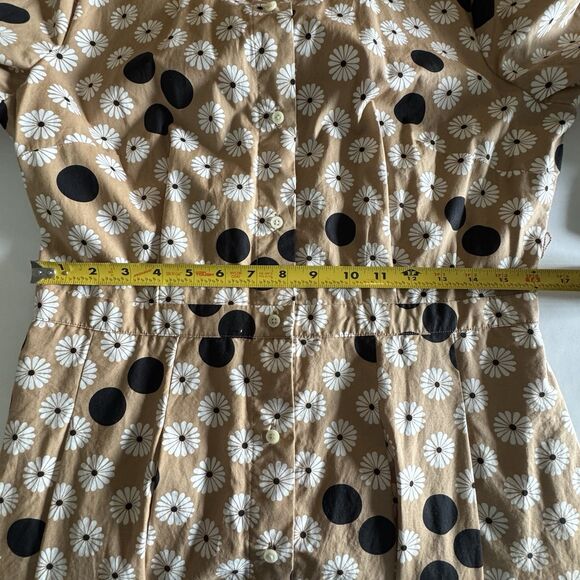 TALBOTS Womens Midi Shirt Dress Tan Daisy Polk Dot Floral Print Size 8 Retro - Picture 8 of 10